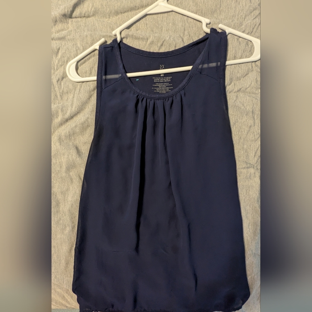 New York & Company Black Tank Top with Pleated Neckline